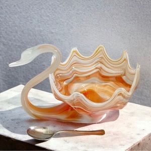 Vintage Blown Glass Sooner Swan Centerpiece Bowl Dish Murano Style Orange Swirl